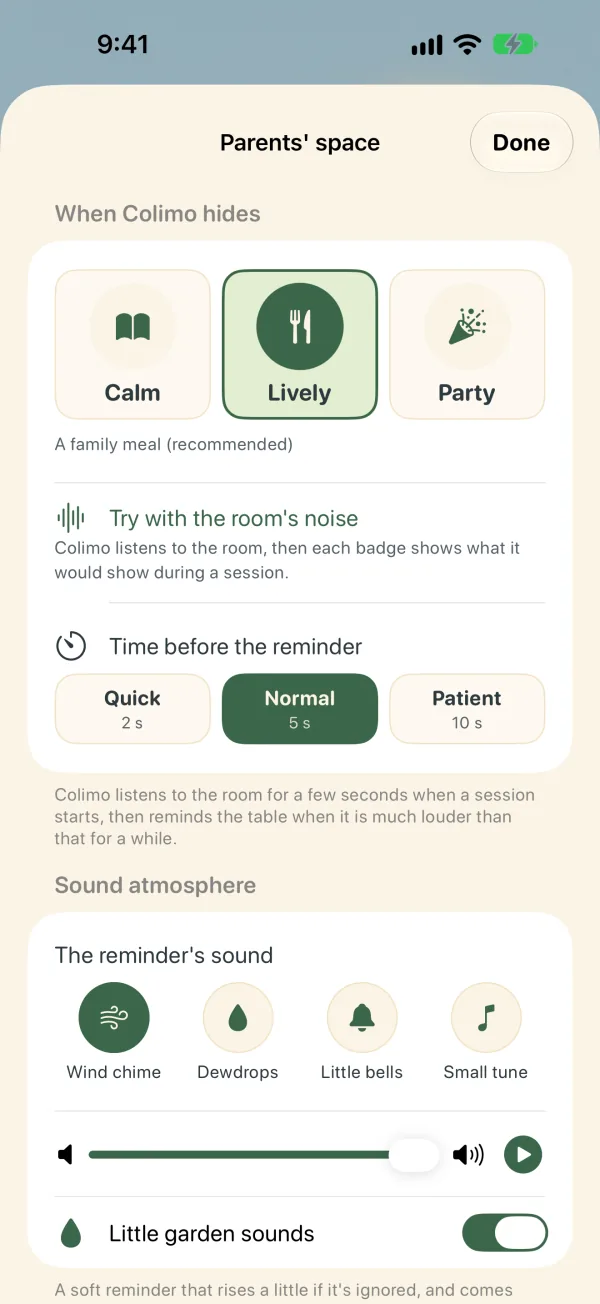 The parents’ space: sensitivity, delay before the reminder, reminder sound.