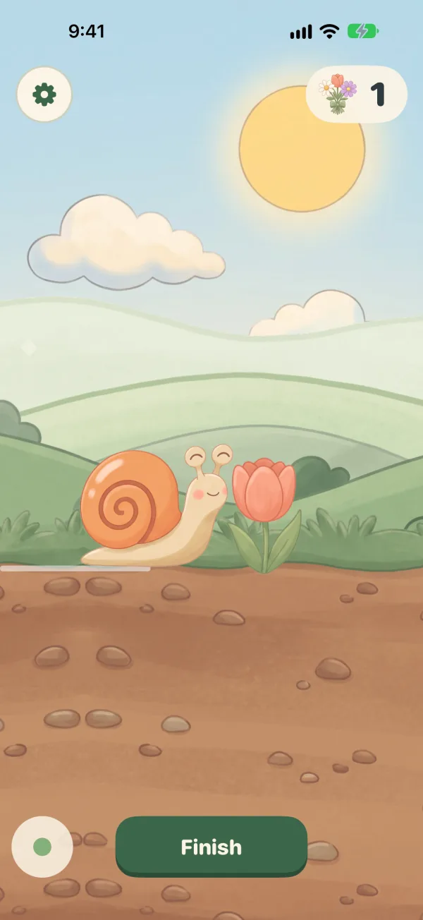A calm session: Colimo walks towards a flower, the bouquet counts the flowers picked.