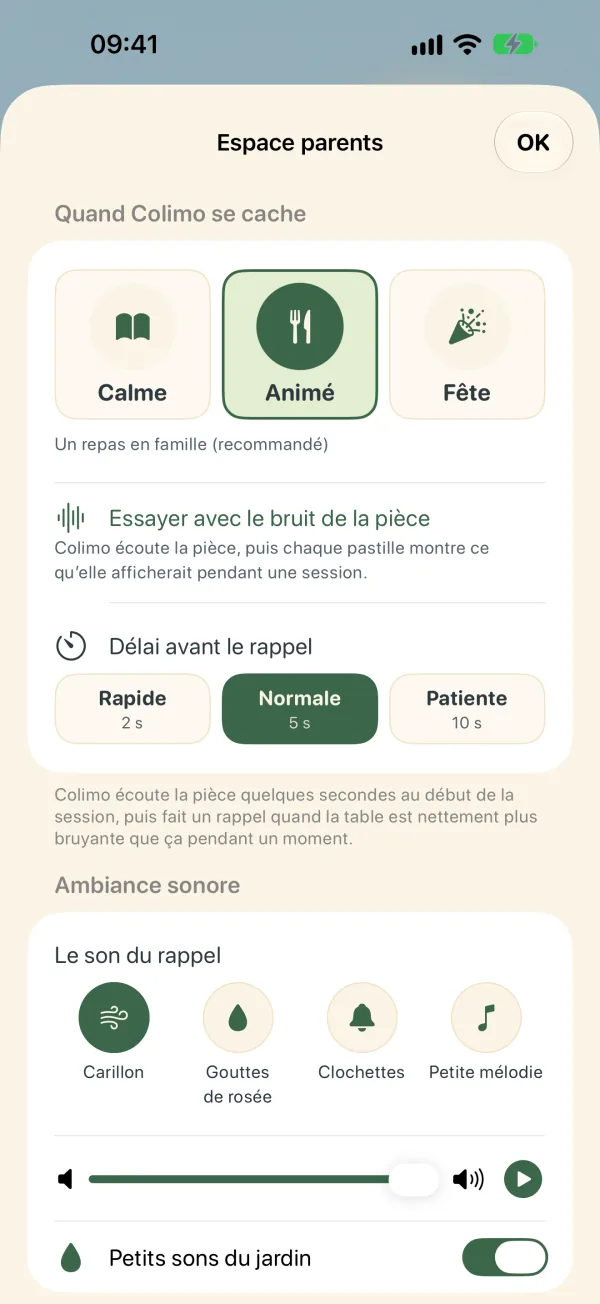 L’espace parents : sensibilité, délai avant le rappel, son du rappel.
